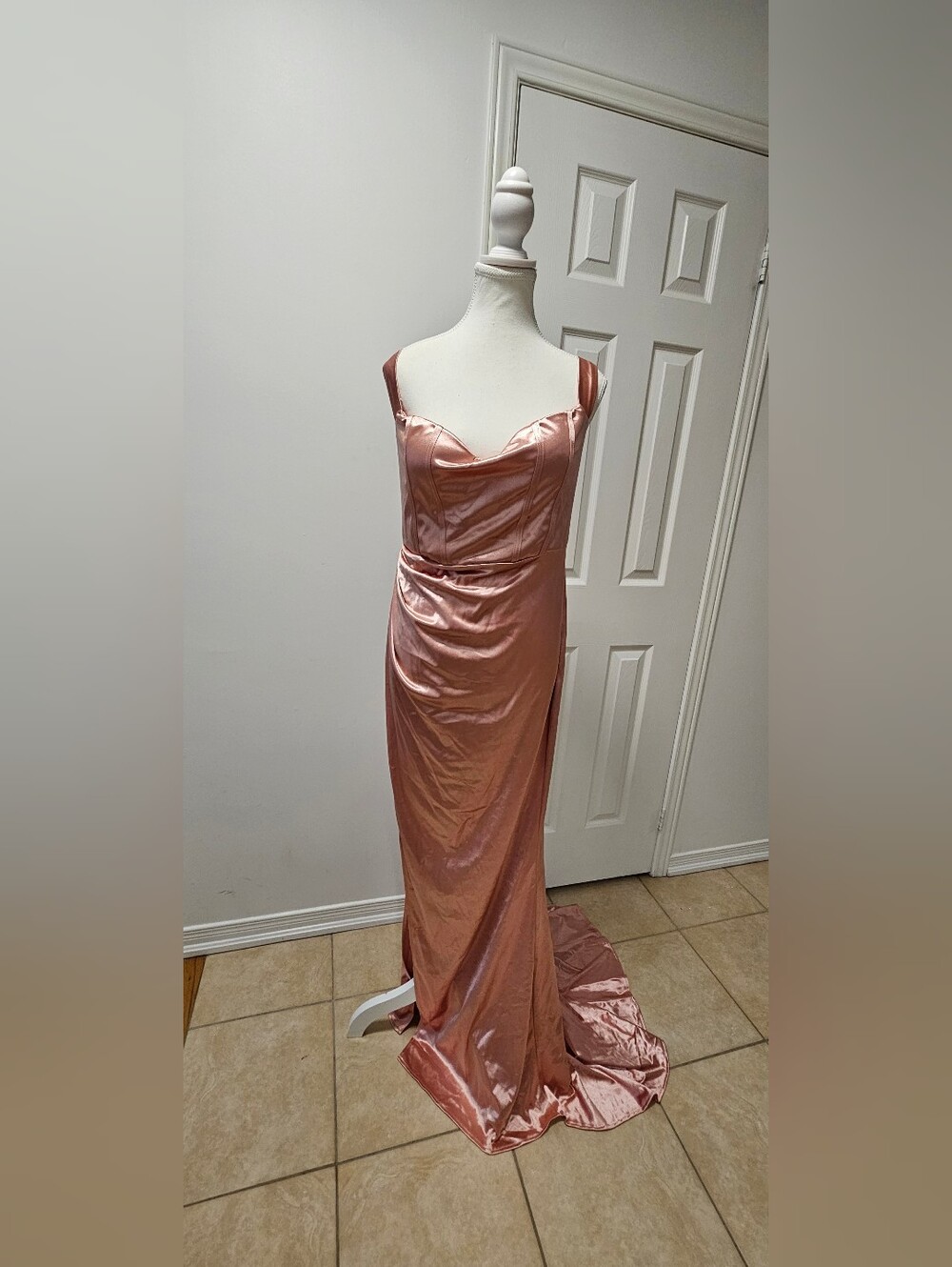 Satin Cowl Neck Evening Gown in Rose Gold